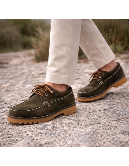 Green suede boat shoe