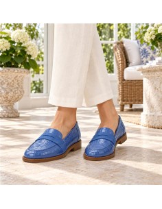 Mocasines de mujer de piel con piel de coco color azul