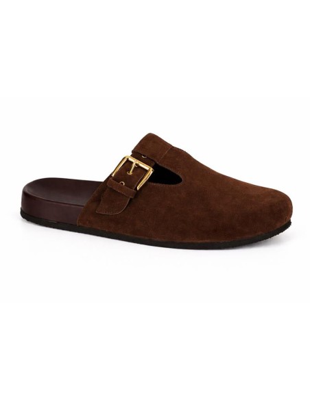 Sandalias de mujer de ante con hebilla color marrón