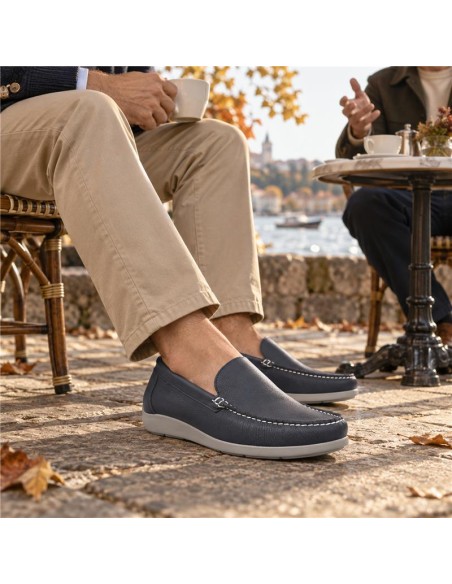 Blue leather boat shoe