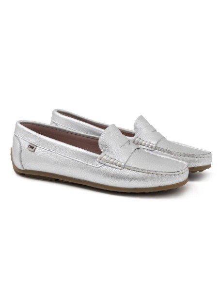 Silver leather women's mocassins