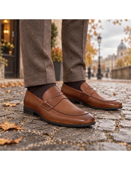 Mocasín de piel de piso antideslizante color marrón