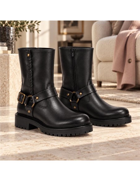 Botines de mujer de piel con hebilla color negro
