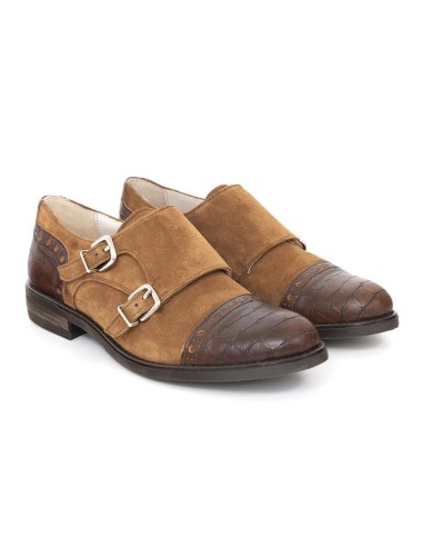 Zapato de Vestir combinado con piel con dos  hebillas color beige