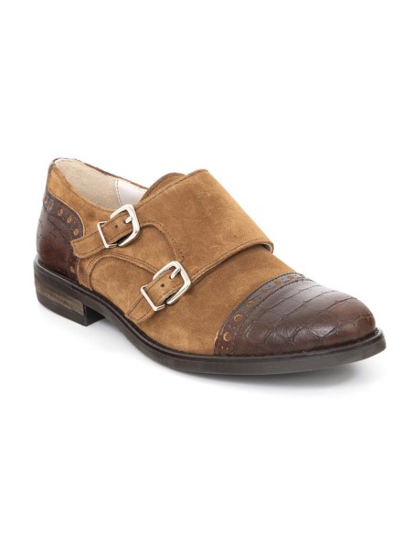 Zapato de Vestir combinado con piel con dos  hebillas color beige